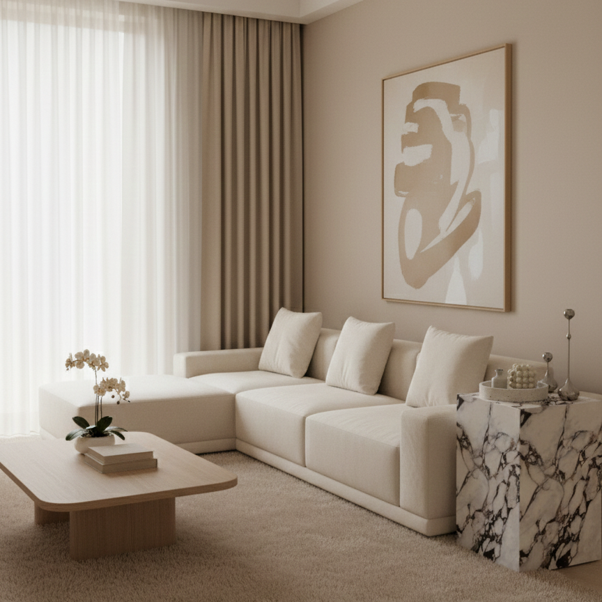 Bulgari Charm Tall Side Table styled beside a modern sectional sofa in a warm neutral living room setting