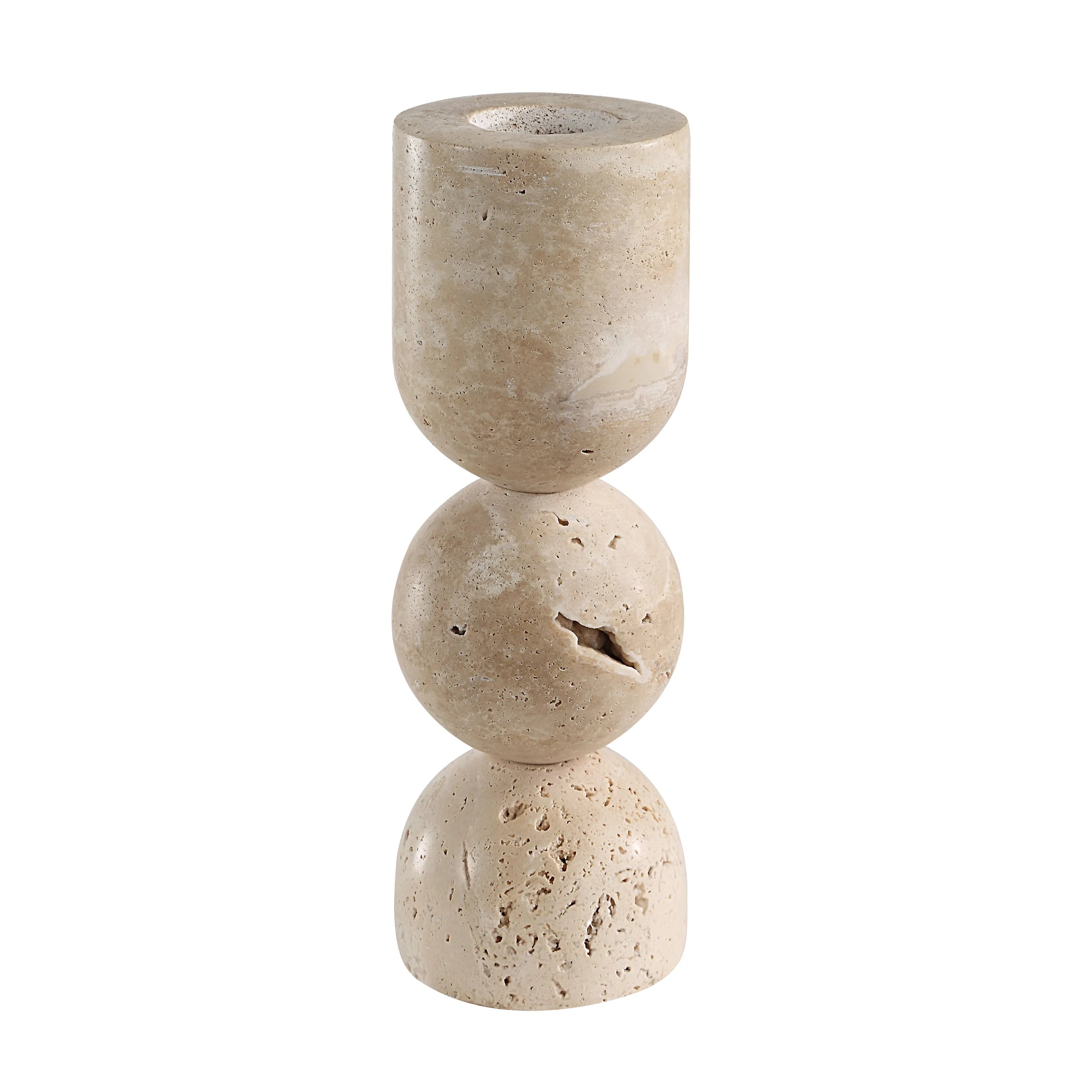 Short Caelo Candle Duo holder crafted from natural travertine stone with sculptural rounded form and organic beige texture