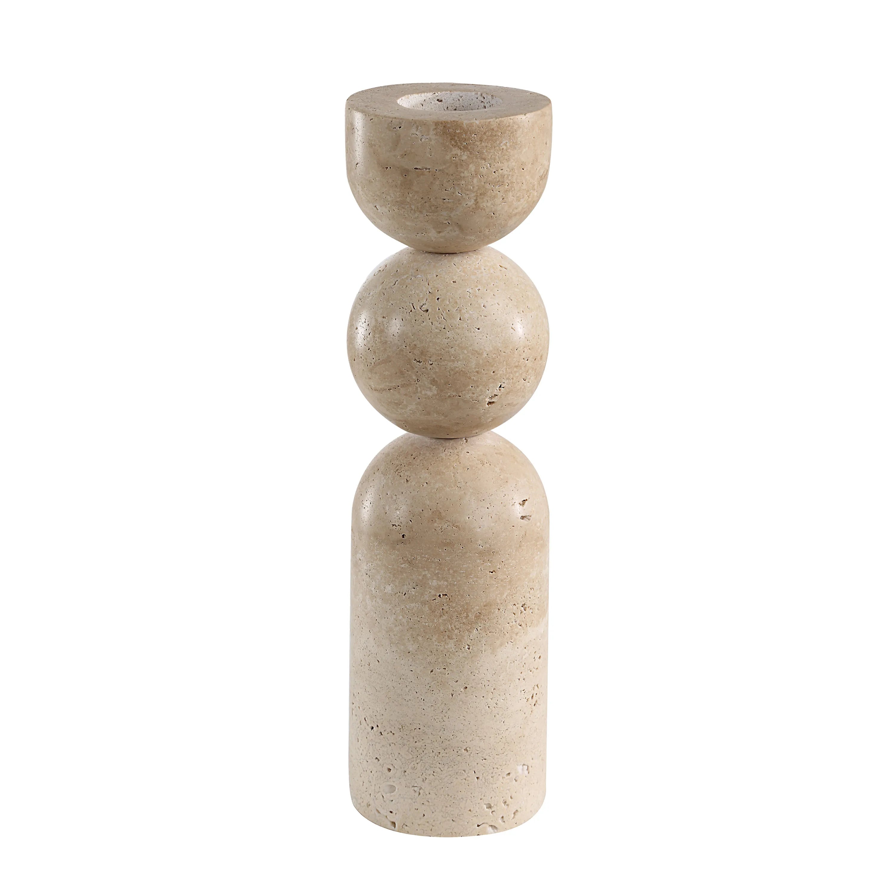 Tall Caelo Candle Duo holder made of natural travertine stone with sculptural stacked sphere design in warm beige tone