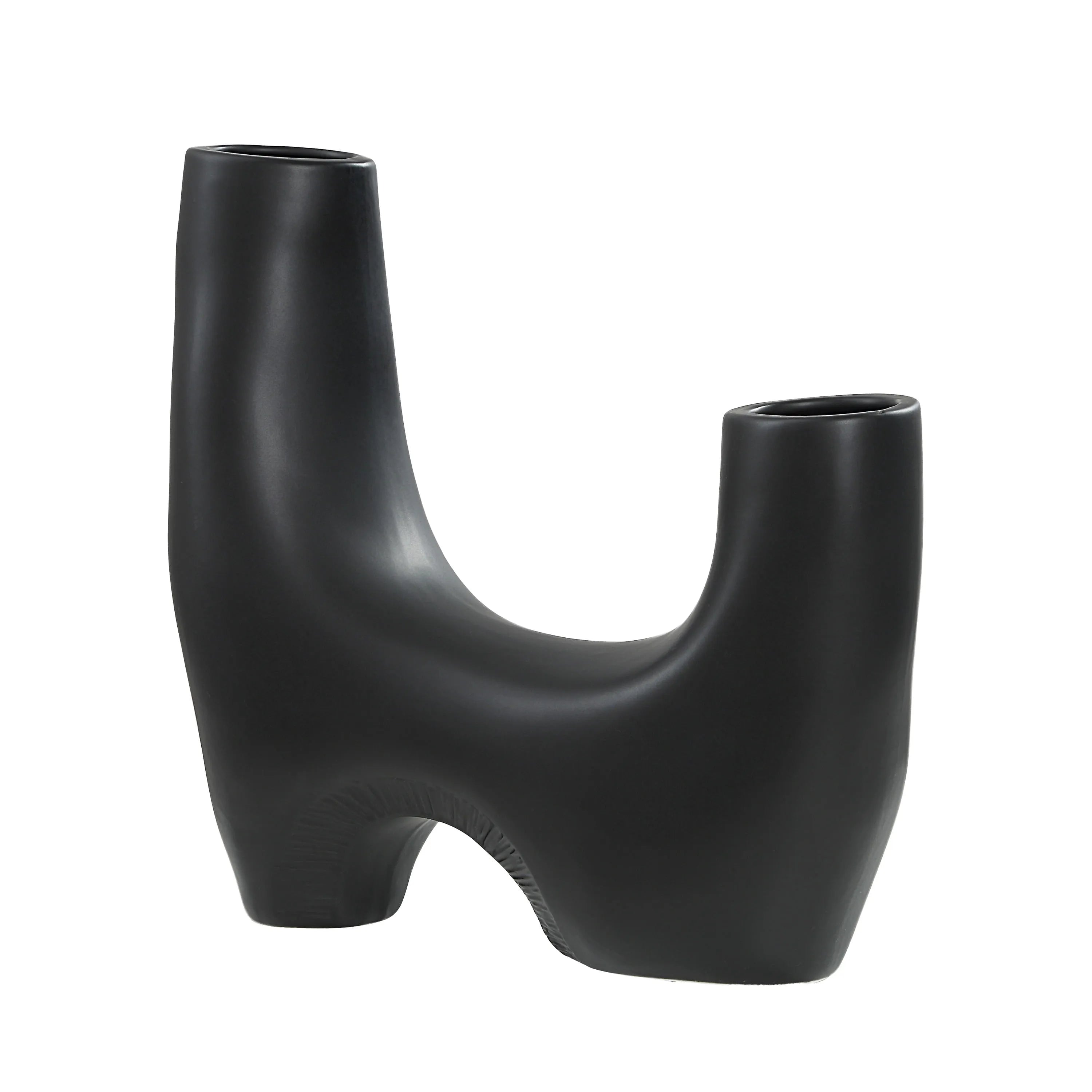 Caldera Vase in matte black finish with sculptural double opening and arched base design
