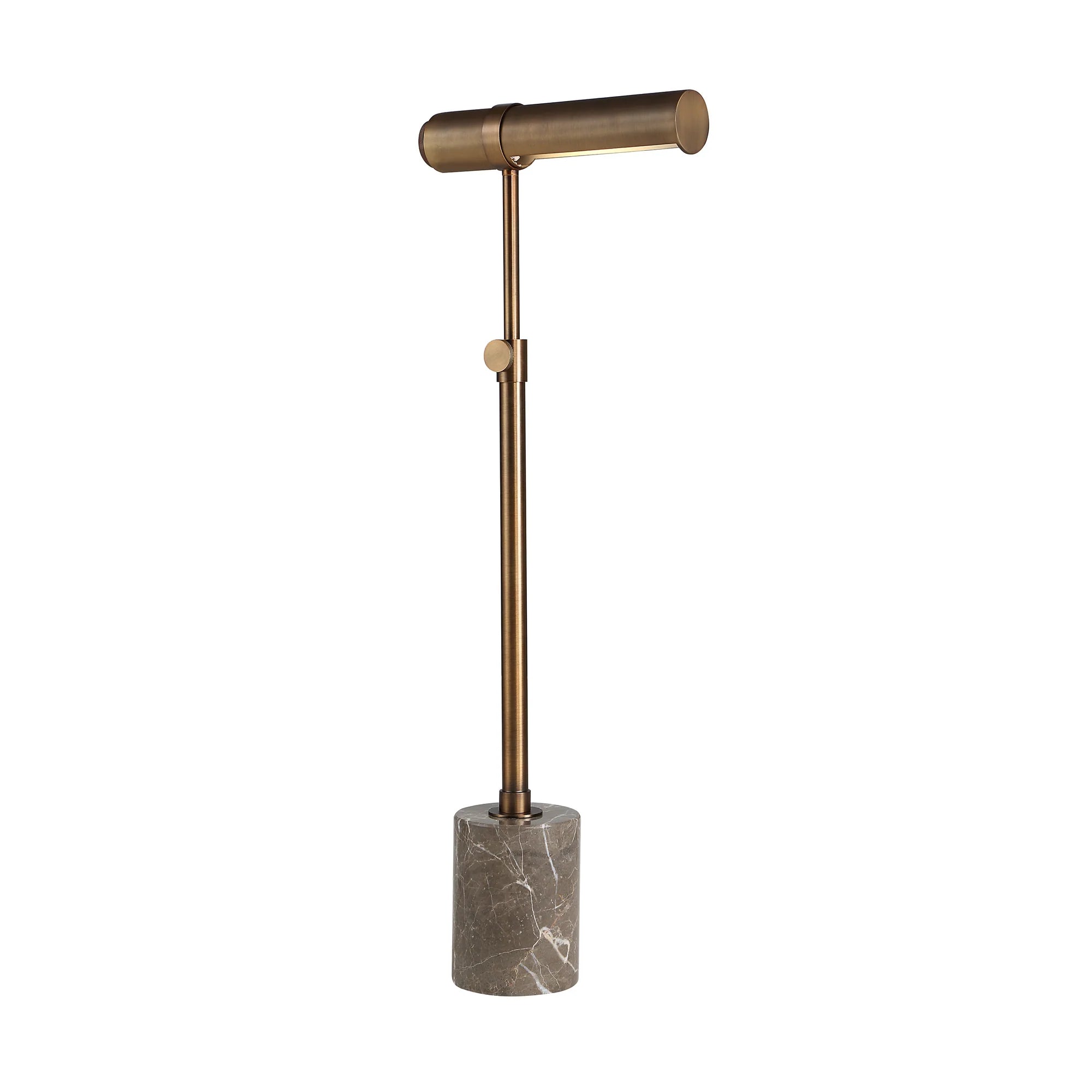 Studio view of the Calloway floor lamp showing the slender adjustable brass stem and compact marble base on a white background.