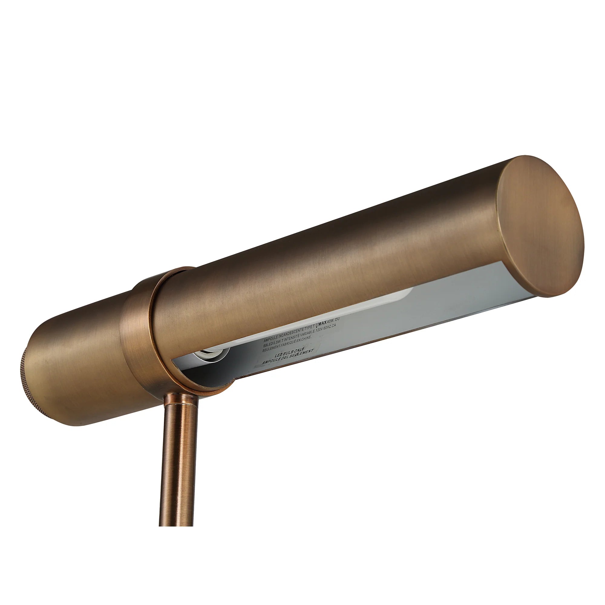 Close up underneath the Calloway lamp shade showing the bulb socket, rotatable metal housing, and antique brass finish.