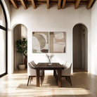Calma Horizon abstract wall art set displayed above a dining table in a styled interior with arched doorways and soft natural light