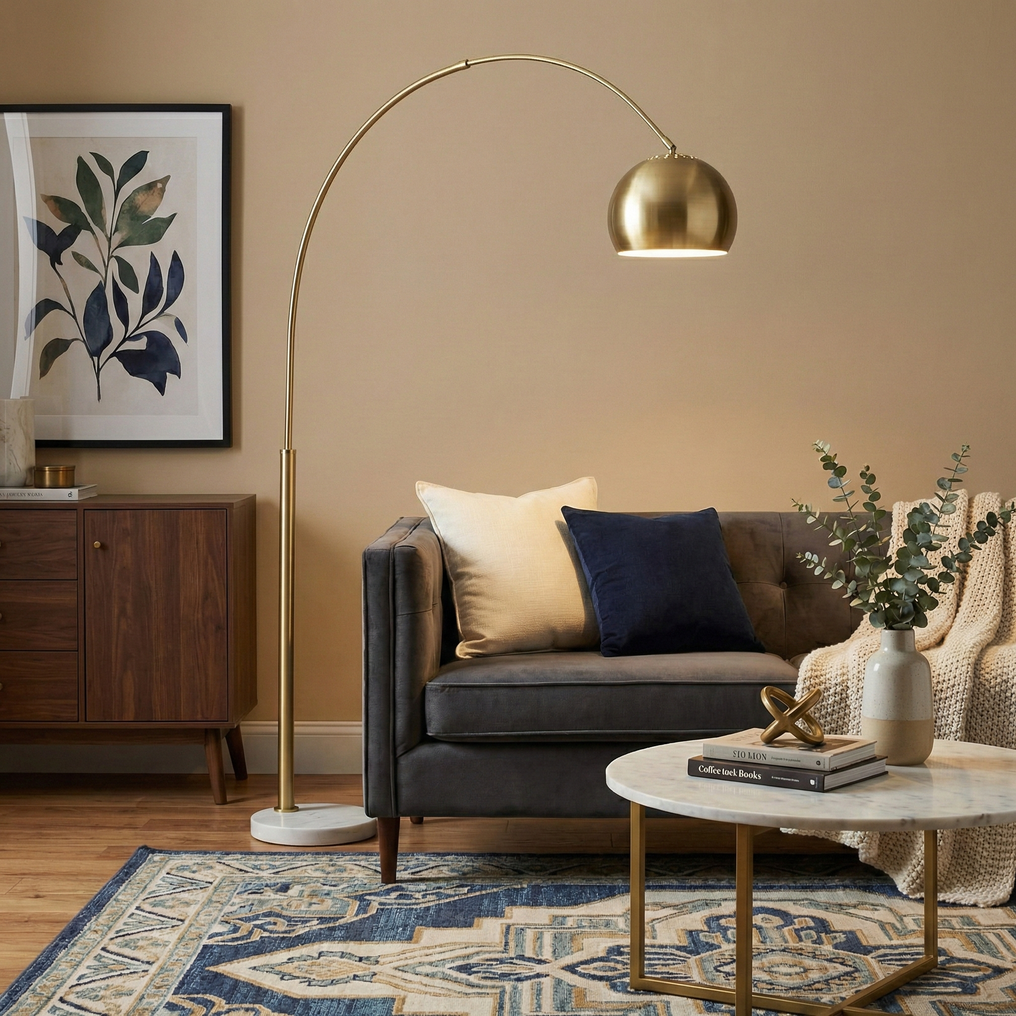 Cassia brass arc floor lamp styled over a velvet sofa in a modern neutral living room, showcasing its reach and marble base stability.