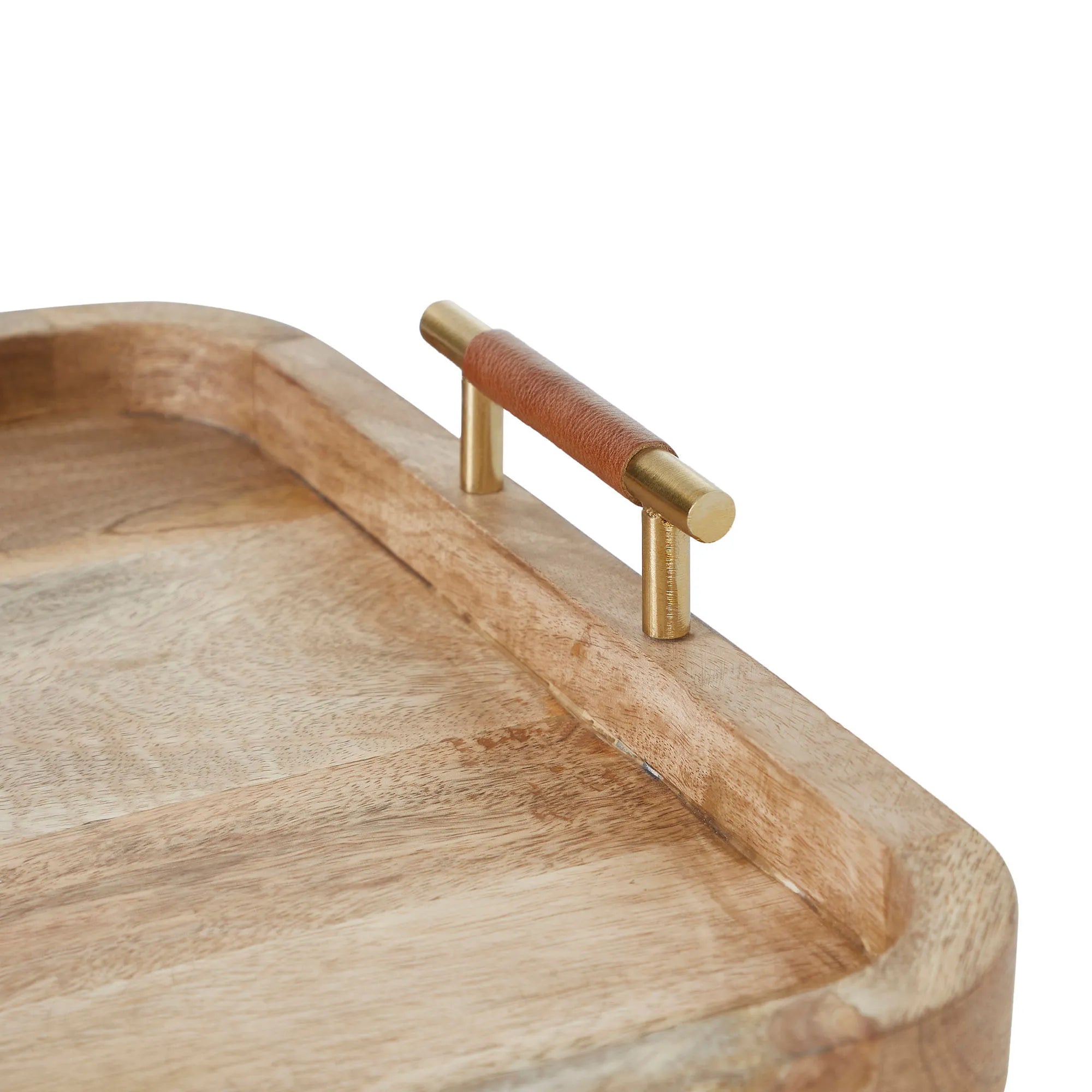 Close-up of Cavallo Wood Tray showing brass handle wrapped with brown leather for elegant modern accent
