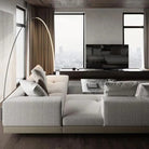 Back view of Cityscape Modular Sofa in light grey linen with low profile design and sleek lines in modern city-view living room