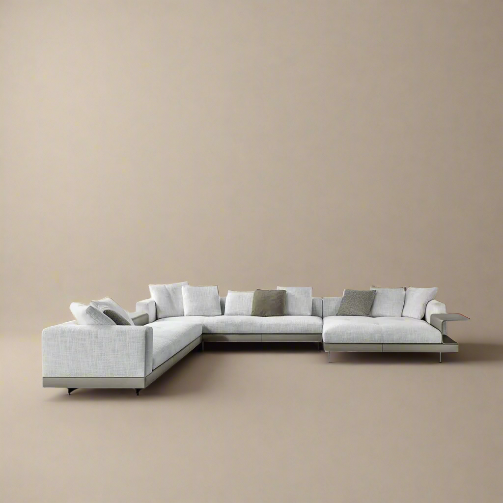 Cityscape Modular Sofa in light grey linen fabric set against a warm beige studio background