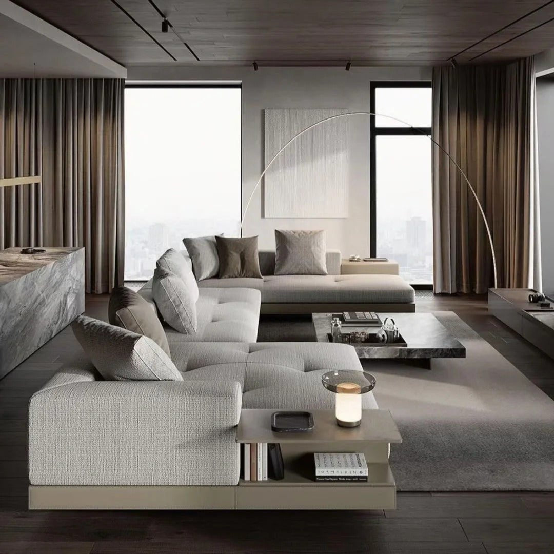 Cityscape Modular Sofa in light grey linen displayed in a modern high-rise living room with large windows