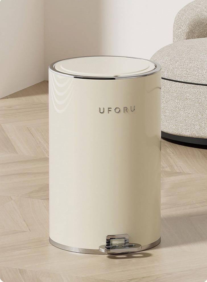 Clara Pedal Bin in cream finish with chrome trim and foot pedal, modern design for minimalist interiors