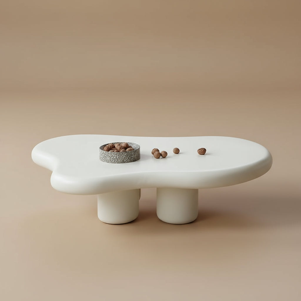 Cloud Shape Coffee Table with smooth sculptural design in matte white finish styled in a beige studio