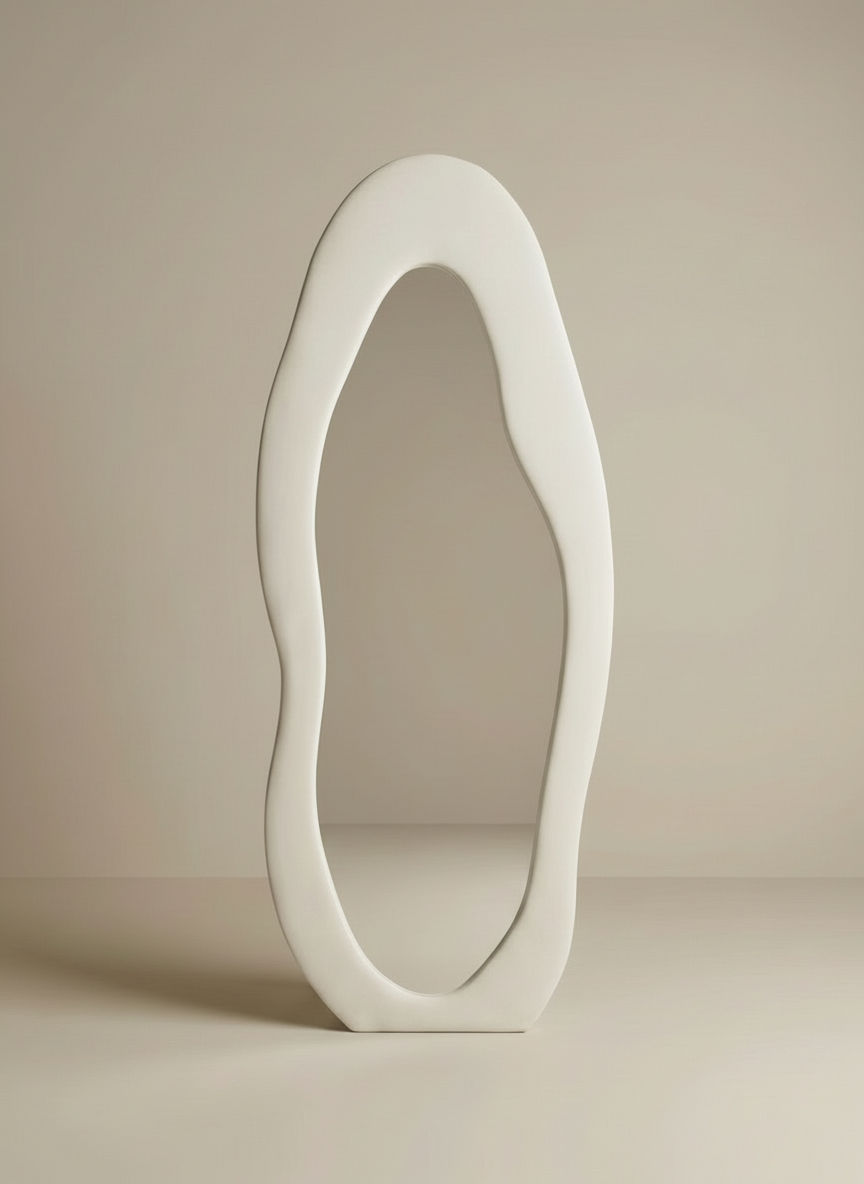 Cloud-shape full body mirror with an organic wavy white frame on a beige studio background.