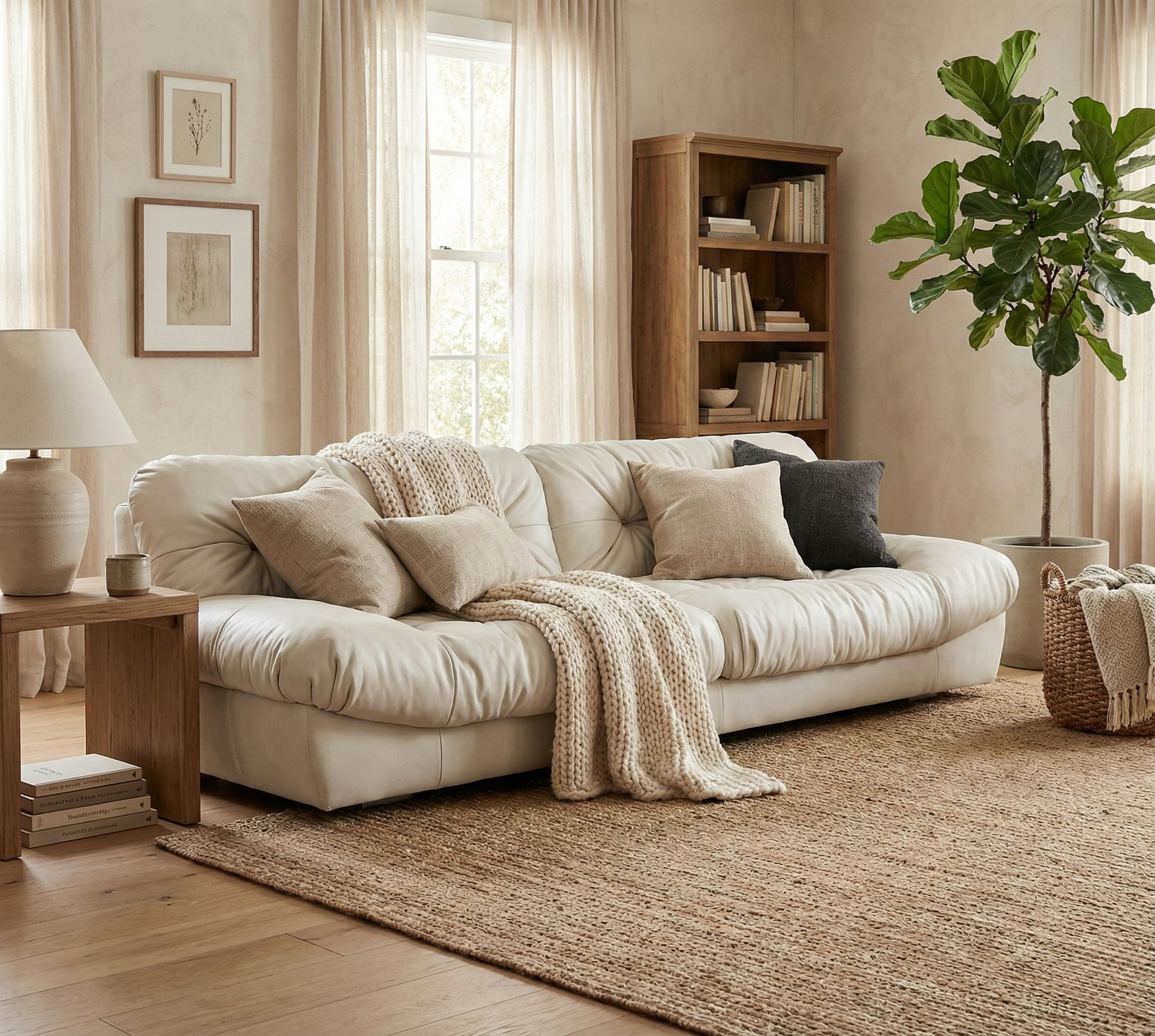 Cozy living room with a beige sectional sofa, wooden bookshelf, and decorative elements.