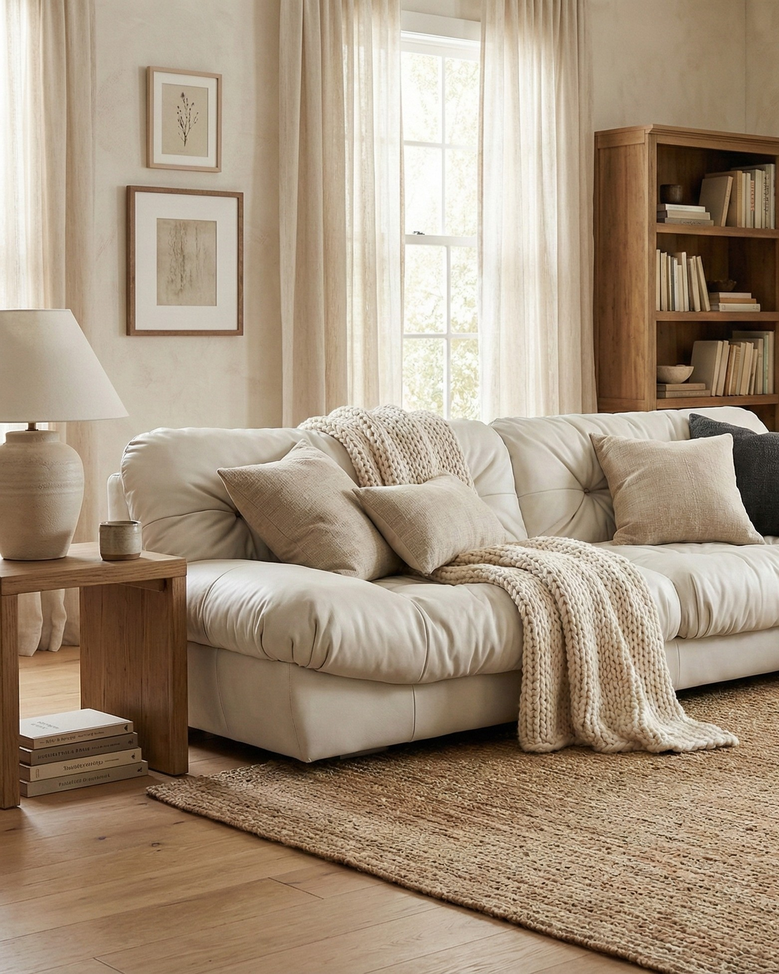 Cozy living room with a beige sectional sofa, wooden bookshelf, and decorative elements.
