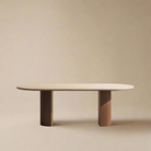 Crescent Grove Dining Table featuring a sleek sintered stone top and dual fluted wood bases in a minimalist studio setting