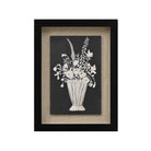Full front view of the Daphne botanical wall art featuring white flowers in a vase on a dark background in a black frame.