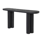 Angled view of the Daro black console table, showing the long pill-shaped top and sturdy triple-leg base.