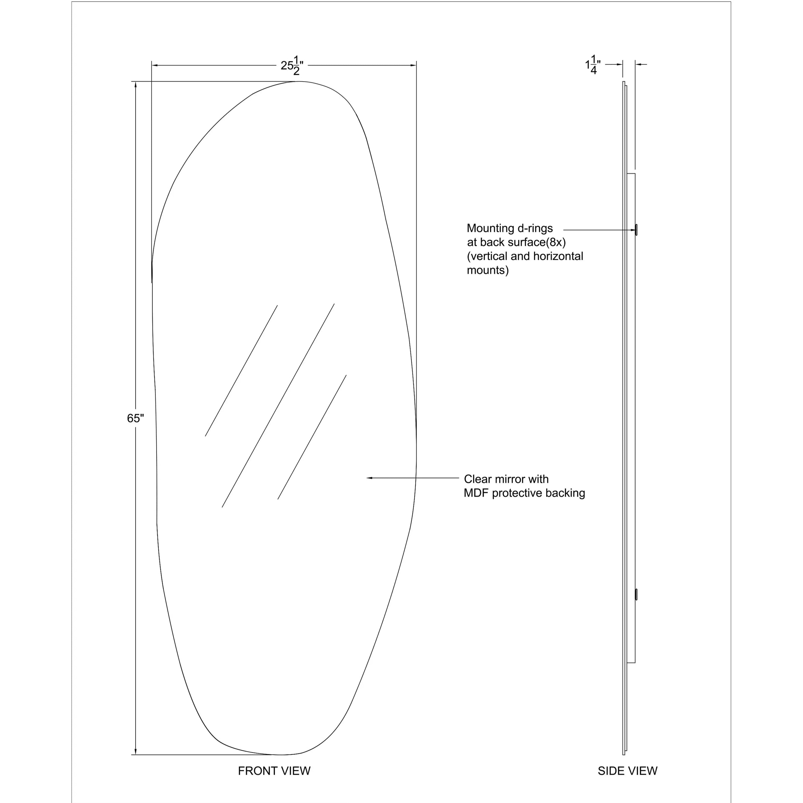 Technical drawing of the Drift Full Length Mirror showing dimensions, front view, side view, and mounting details.