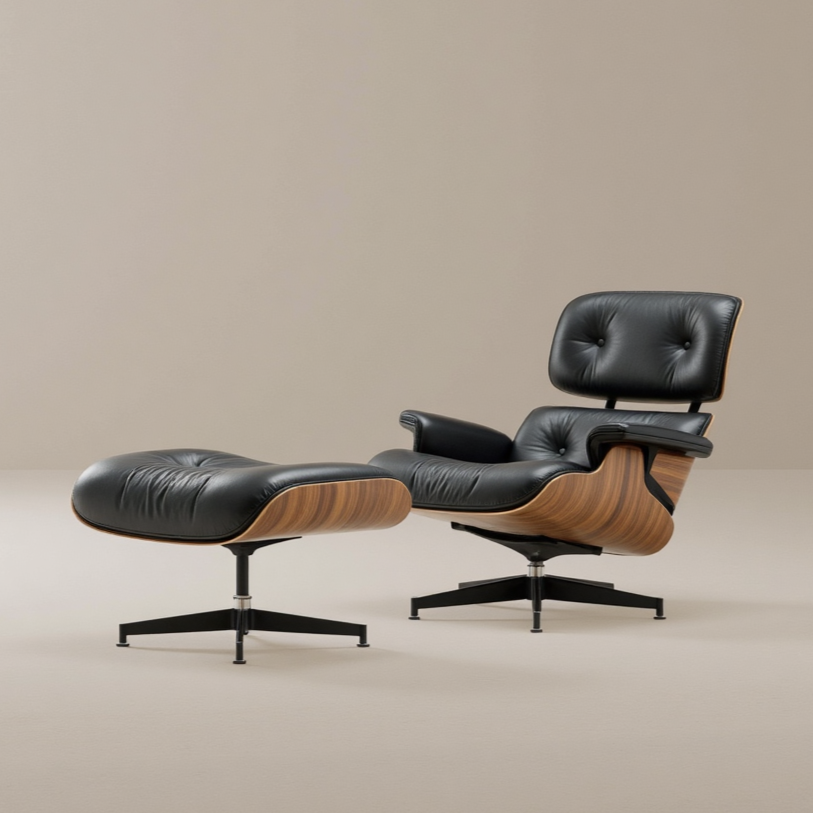 Eames Lounge Chair with matching ottoman in black leather and walnut wood base on beige studio background