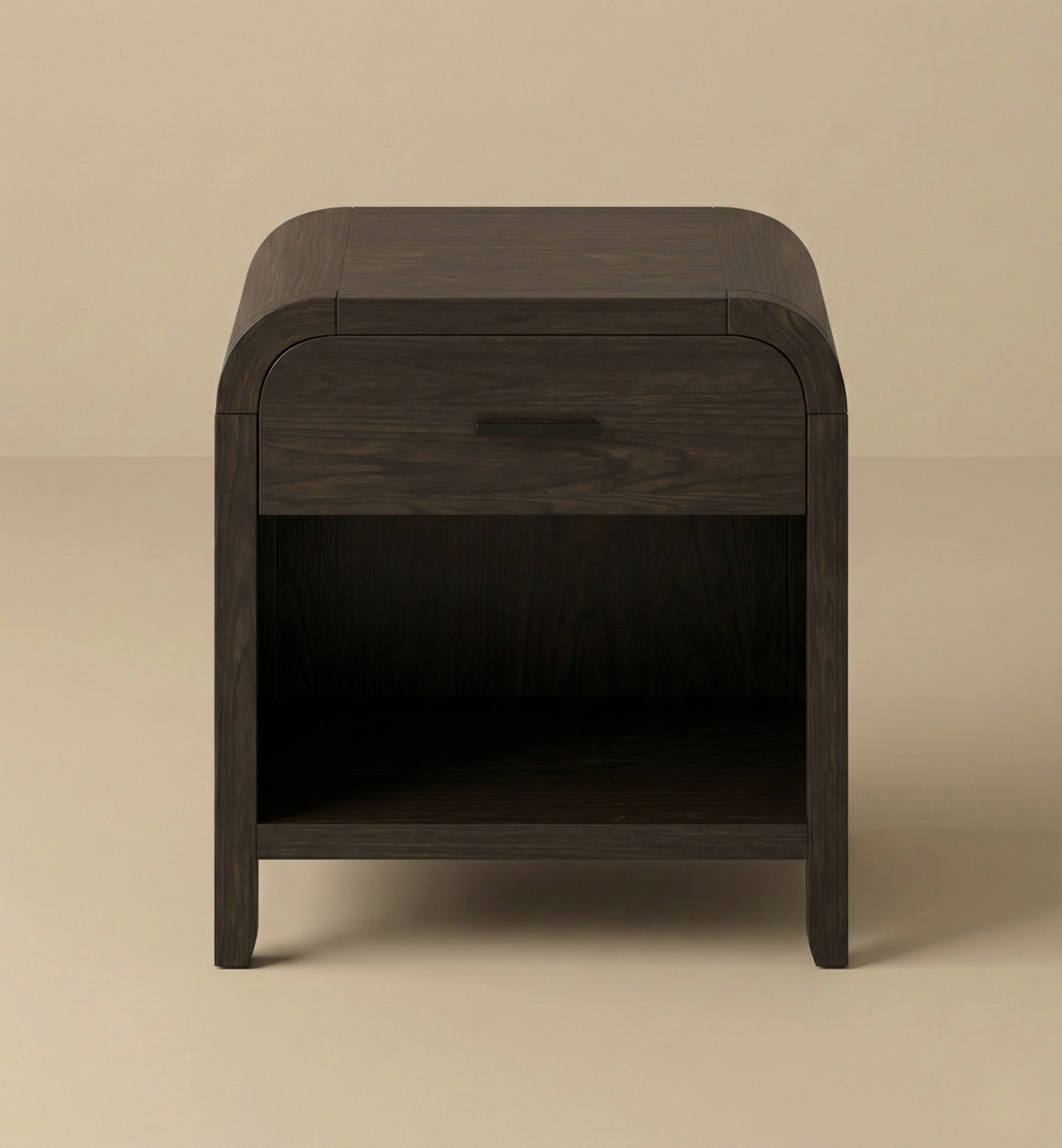 Full front view of the Eamon dark wood nightstand featuring a single drawer with a black pull and an open bottom shelf.