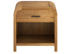 Full front view of the Eamon natural light wood nightstand featuring a smooth curved top, single drawer, and open lower shelf.