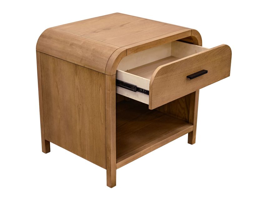 Angled view of the Eamon light wood nightstand with its smooth-gliding single drawer pulled open.