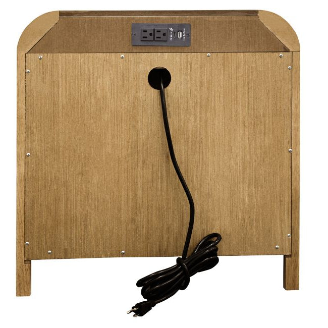 Back view of the Eamon wood nightstand showing the built-in charging station block and heavy-duty power plug.