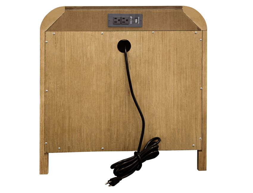 Back view of the Eamon wood nightstand showing the built-in charging station block and heavy-duty power plug.