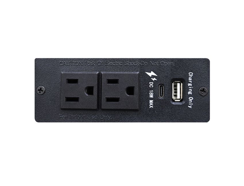 Close-up detail of the built-in power strip on the back of the Eamon nightstand, featuring two AC outlets and USB charging ports.