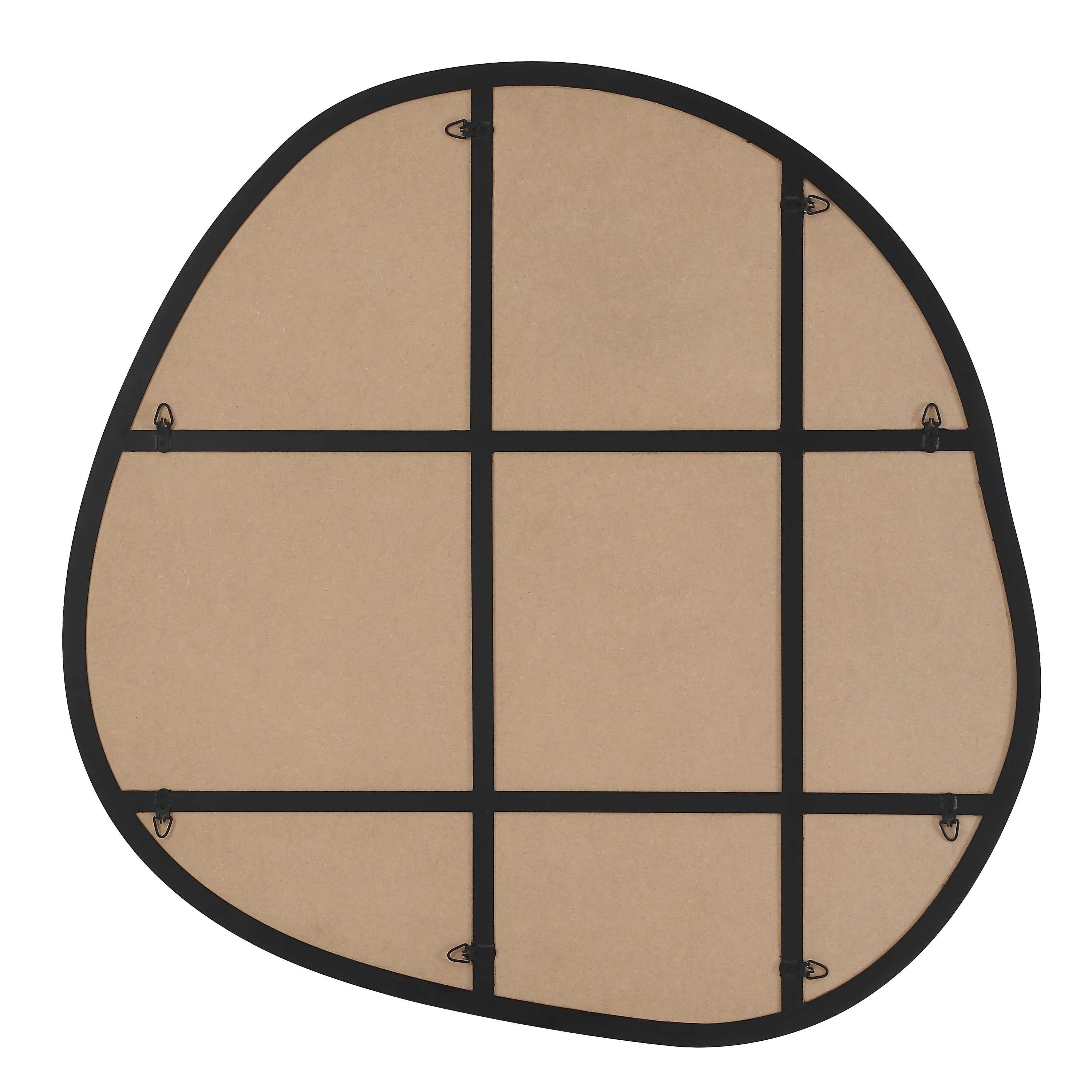 Back view of Eclipse Wall Mirror showing irregular shape, MDF backing, and multiple mounting hooks