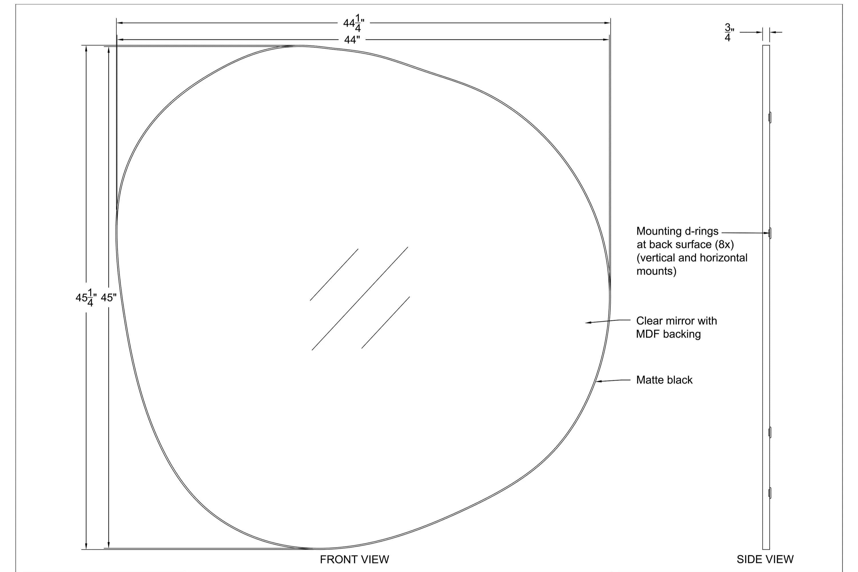 Technical drawing of Eclipse Wall Mirror showing irregular shape, dimensions, side profile, and mounting details