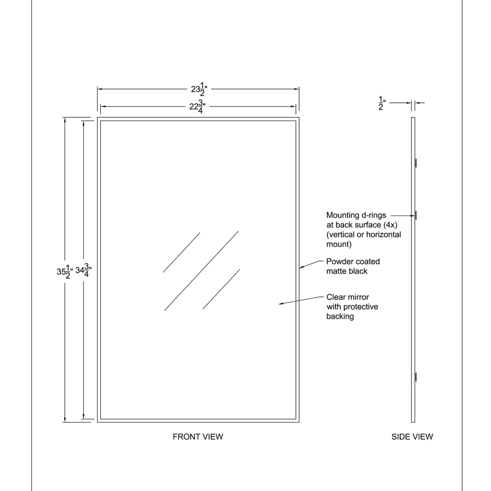 Technical drawing of the EdgeLine Wall Mirror showing dimensions and mounting details