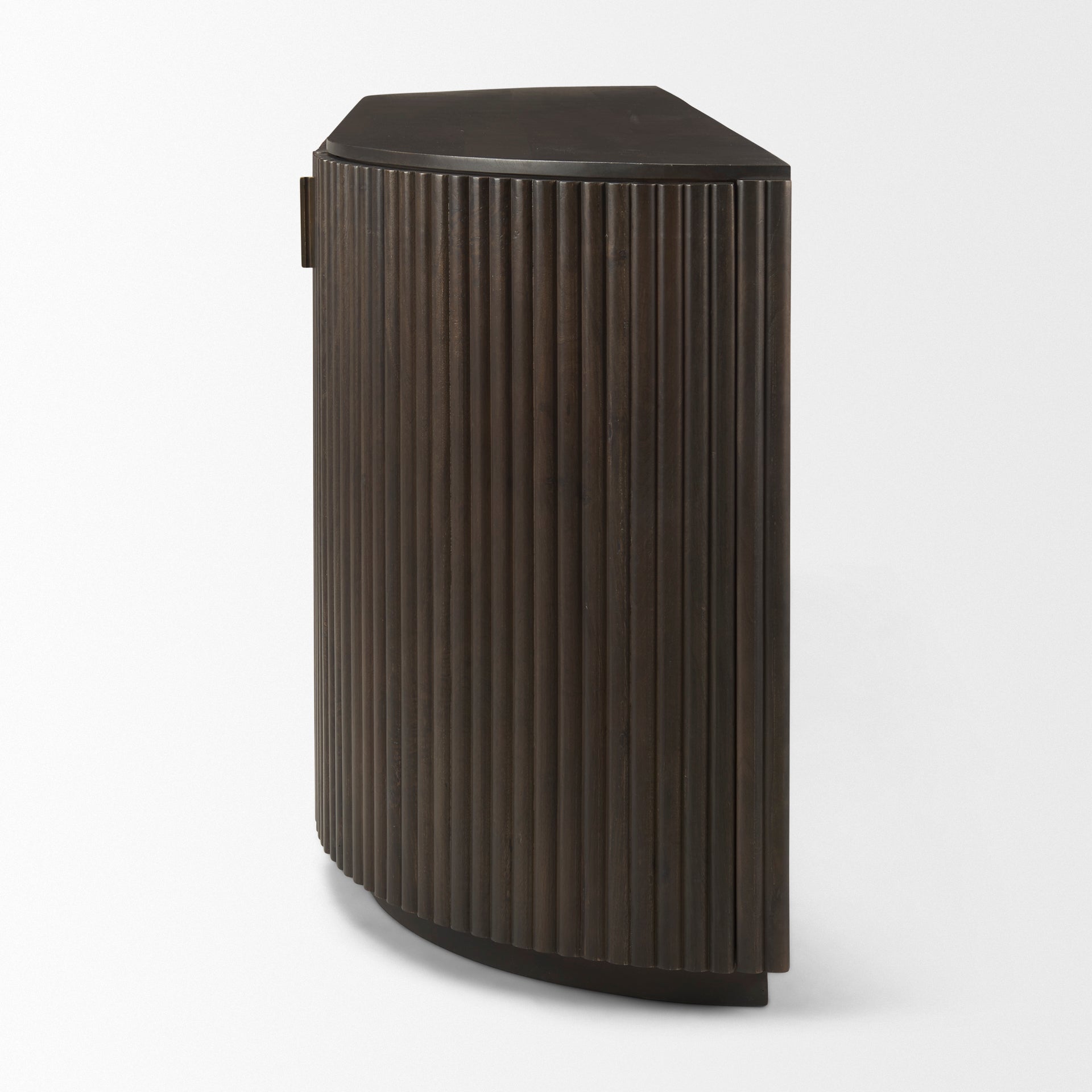Side profile view of the Eleanor fluted sideboard highlighting its elegant curved ends and dark wood finish.