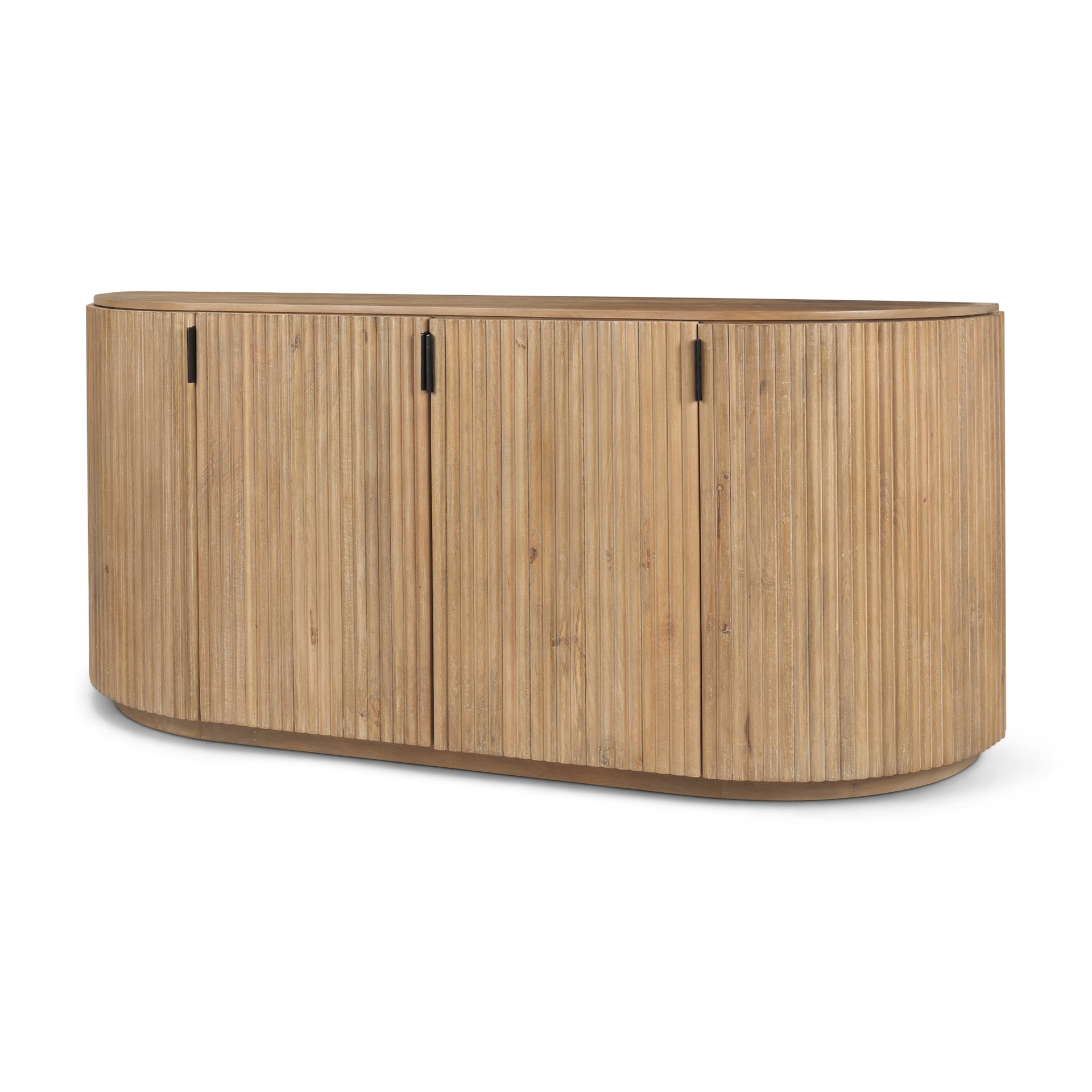 Angled full view of the closed Eleanor light mango wood sideboard highlighting its fluted detailing and curved edges.