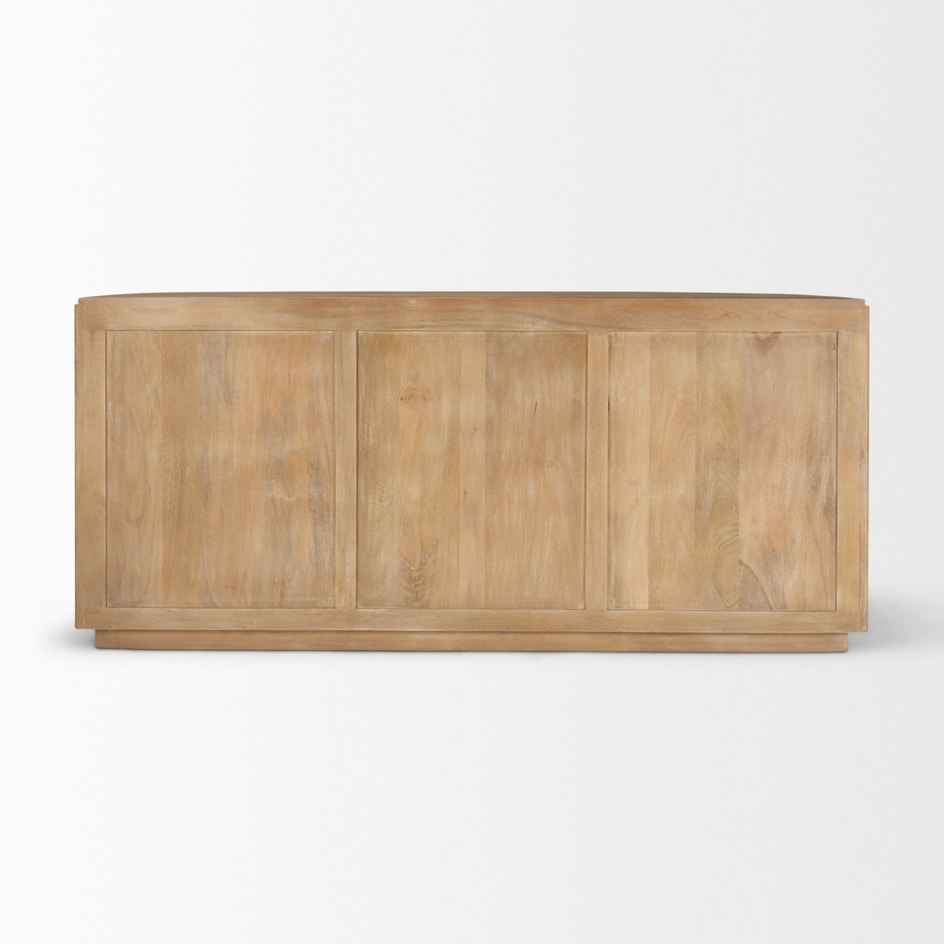 Back view of the light natural Eleanor mango wood sideboard showing its clean, finished rear panel.