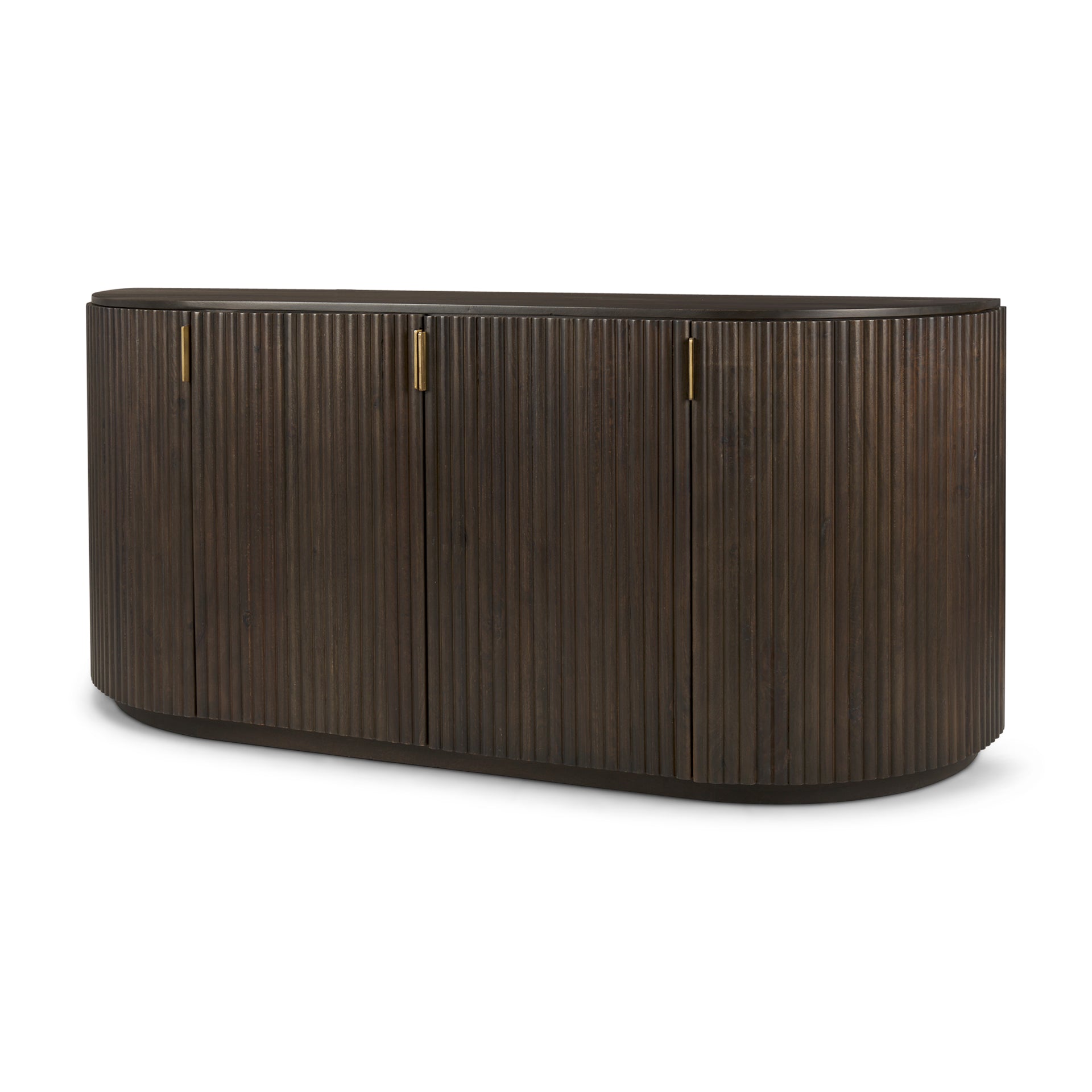 Angled full view of the closed Eleanor mango wood sideboard with fluted detailing and brass pulls.