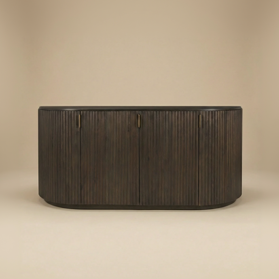 Full view of the Eleanor dark mango wood sideboard featuring fluted doors, curved edges, and brass hardware.