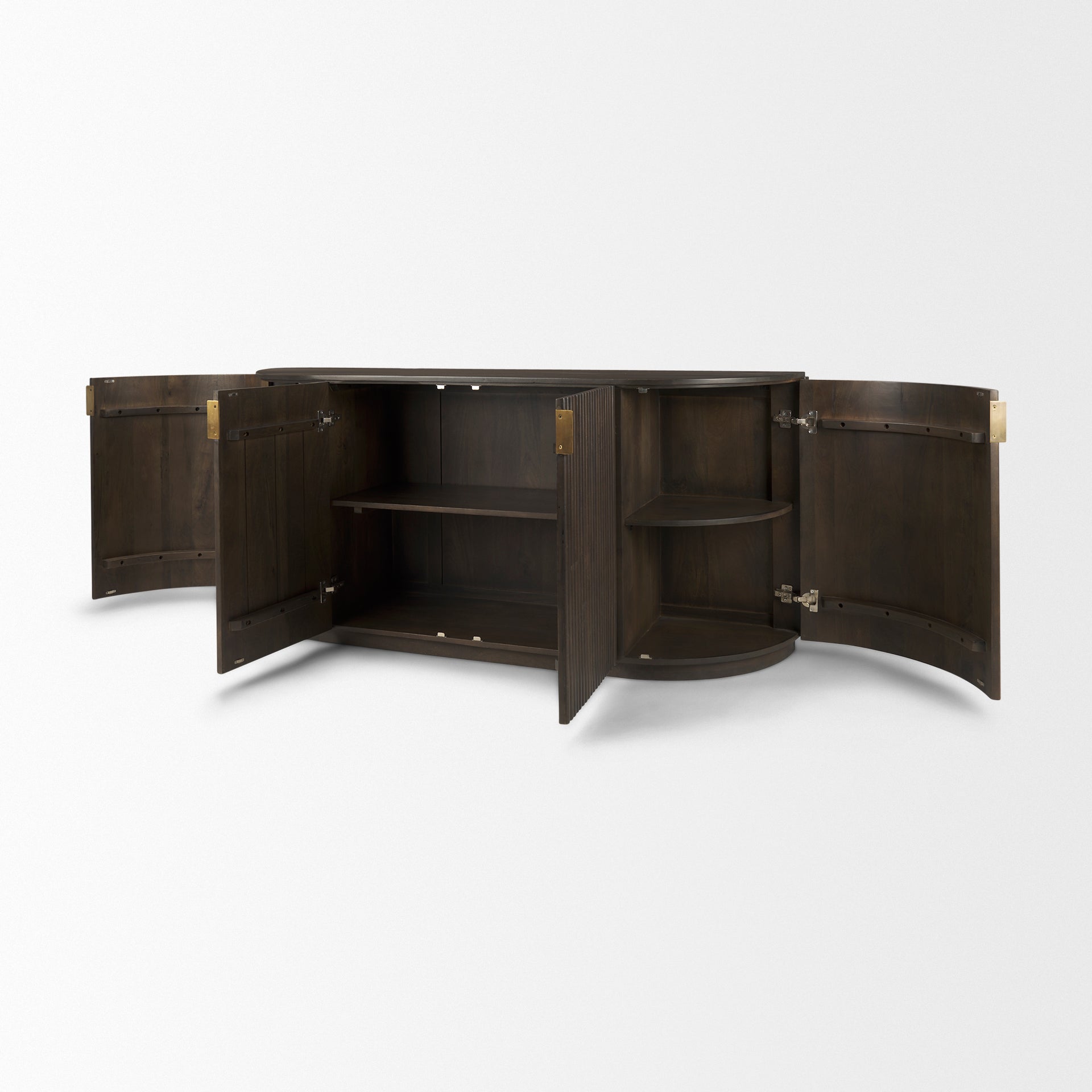 The Eleanor mango wood sideboard with its four fluted doors open, revealing spacious interior storage shelves.