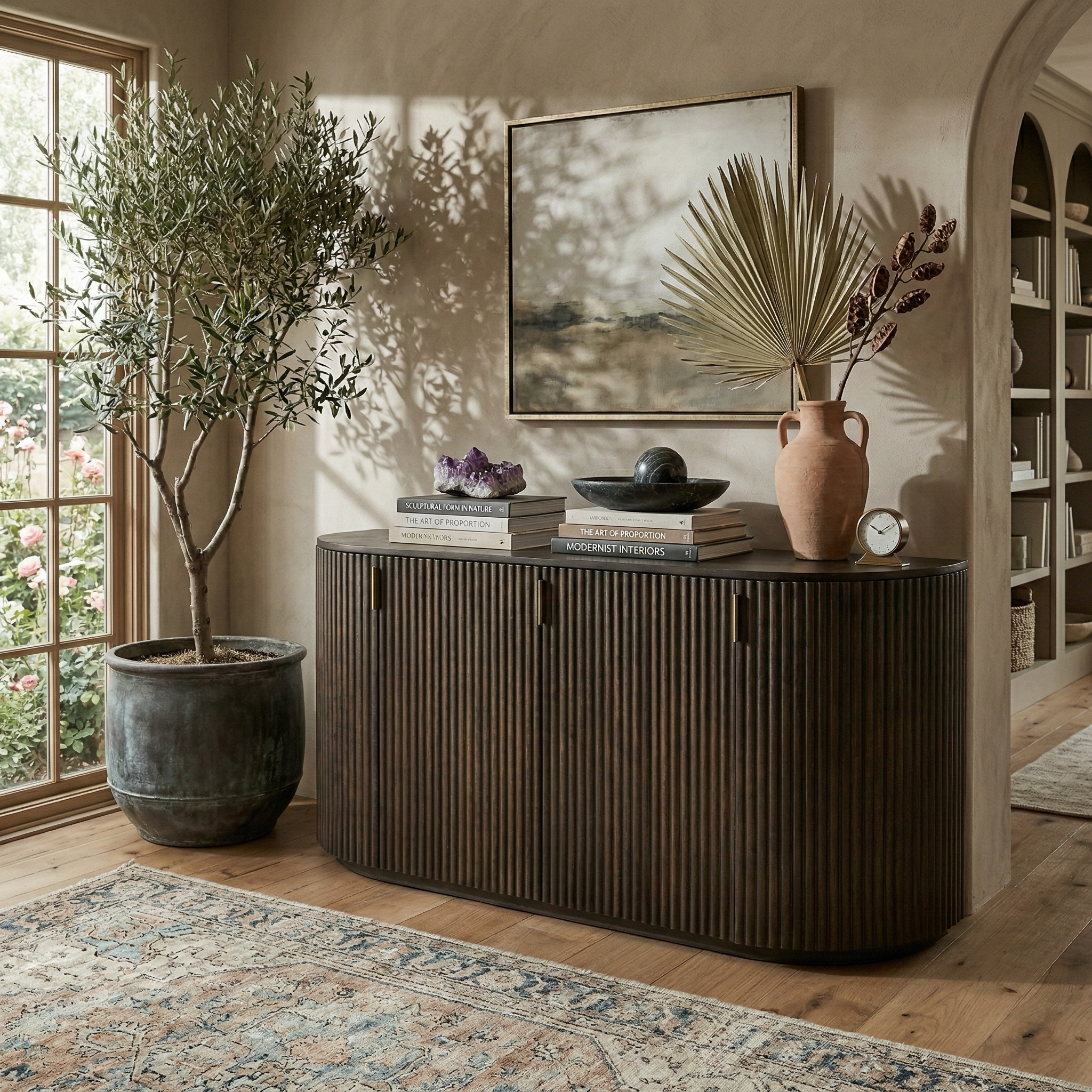 The Eleanor dark mango wood sideboard styled in a warm, neutral living room with an olive tree and earthy decor.