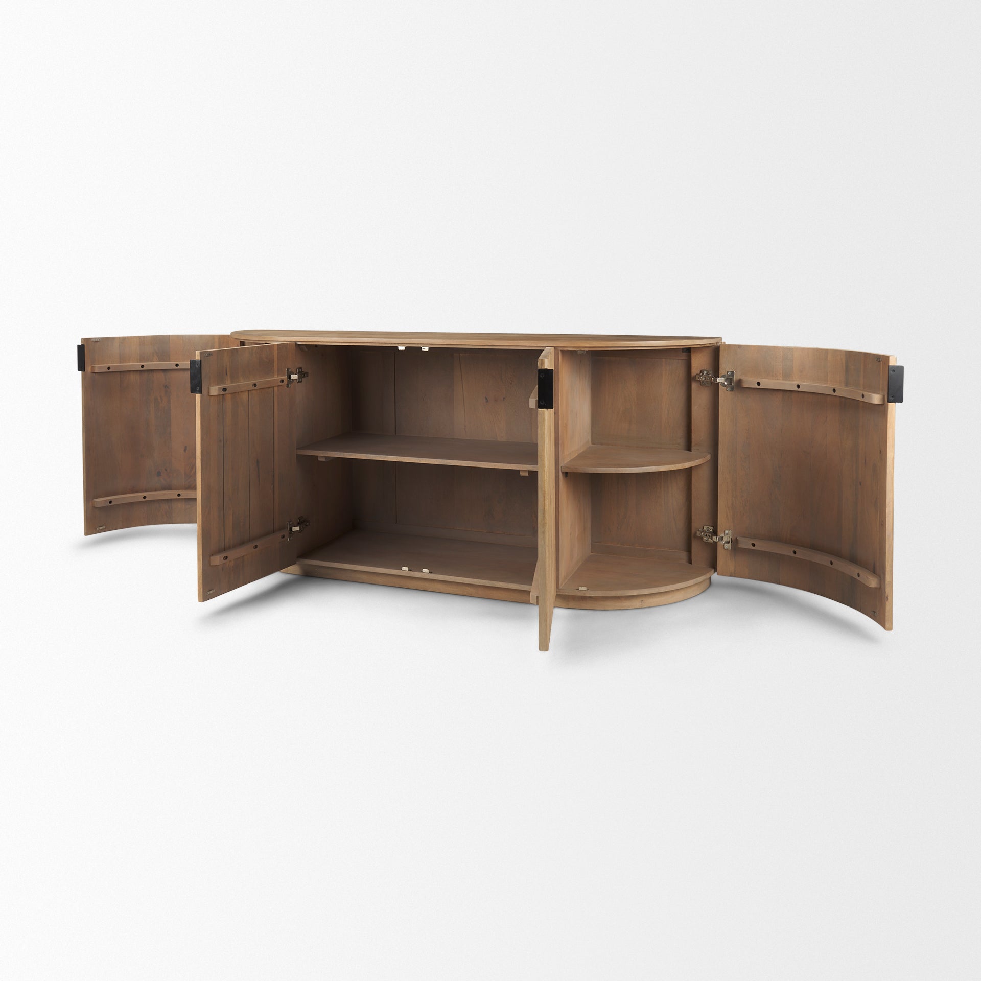 The Eleanor natural mango wood sideboard with its four fluted doors open, showing the spacious interior shelves.