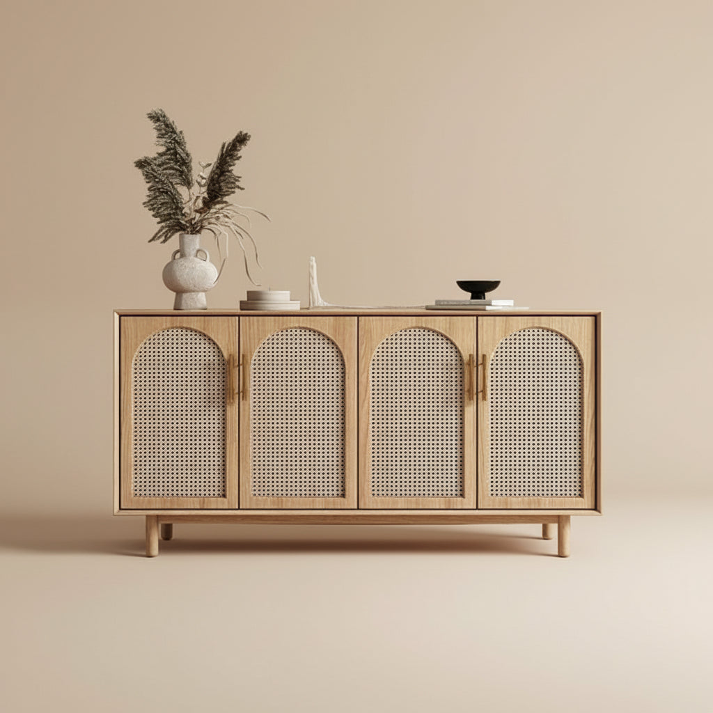 Elegance Rattan Ash Wood Arch Sideboard with four arched cane doors in a beige studio.