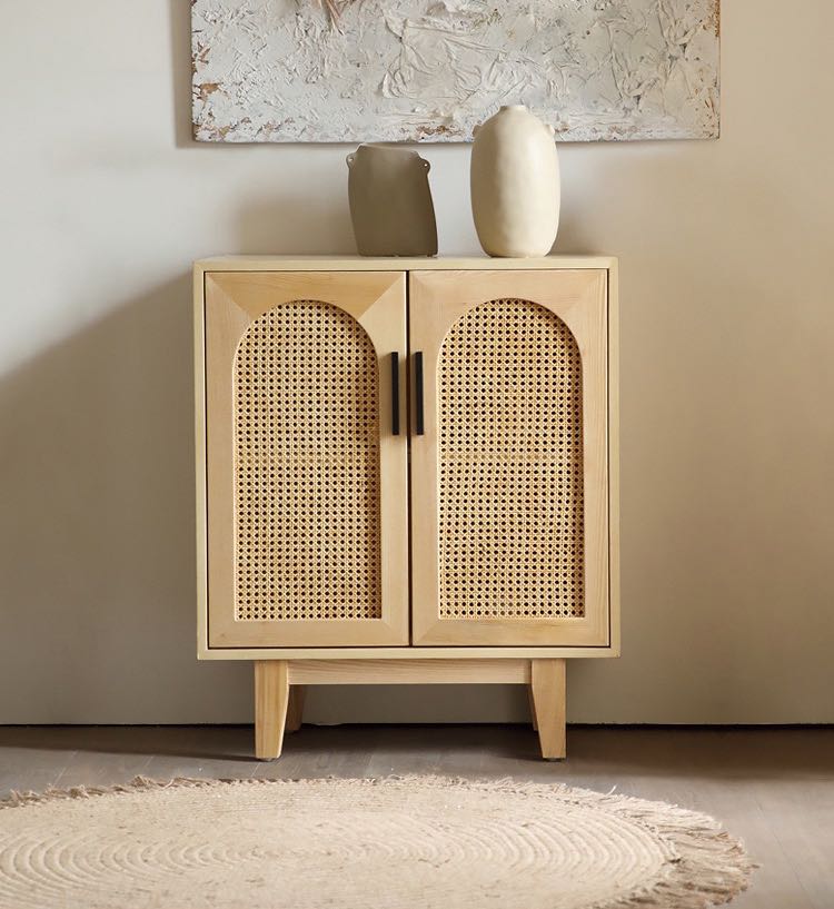 Elegance Rattan Ash Wood Arch Sideboard in a light, neutral interior with textured decor.