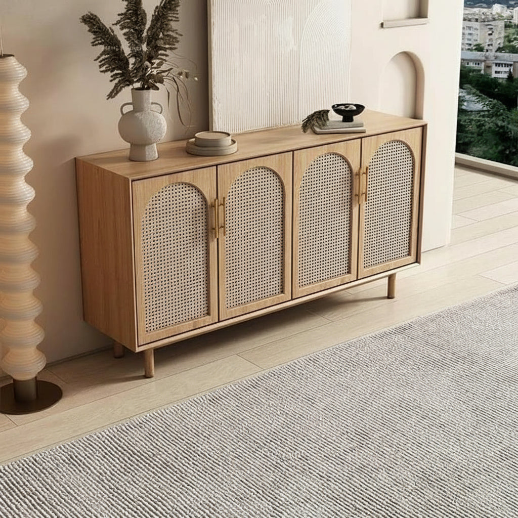 Elegance Rattan Ash Wood Arch Sideboard styled in a bright modern room with neutral decor.