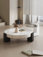 Elegant Fusion Coffee Table Set with white marble top and black base styled in a modern living room with neutral decor