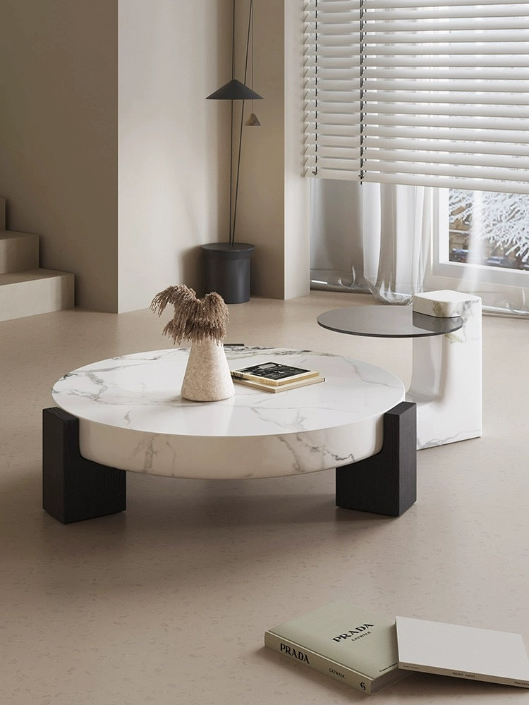 Elegant Fusion Coffee Table Set with white marble top and black base styled in a modern living room with neutral decor