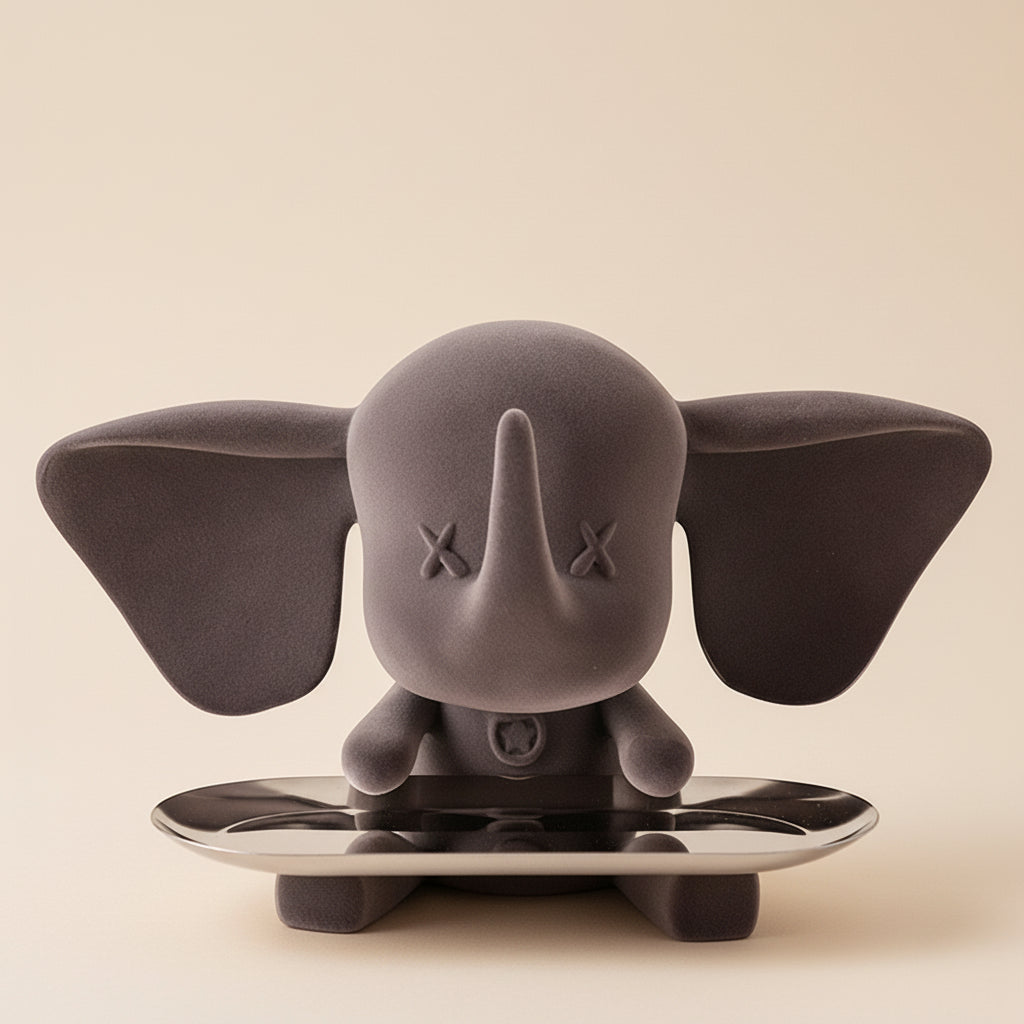 Elephant Sculpture Key Holder Tray in matte grey finish with wide ears and polished metal tray base