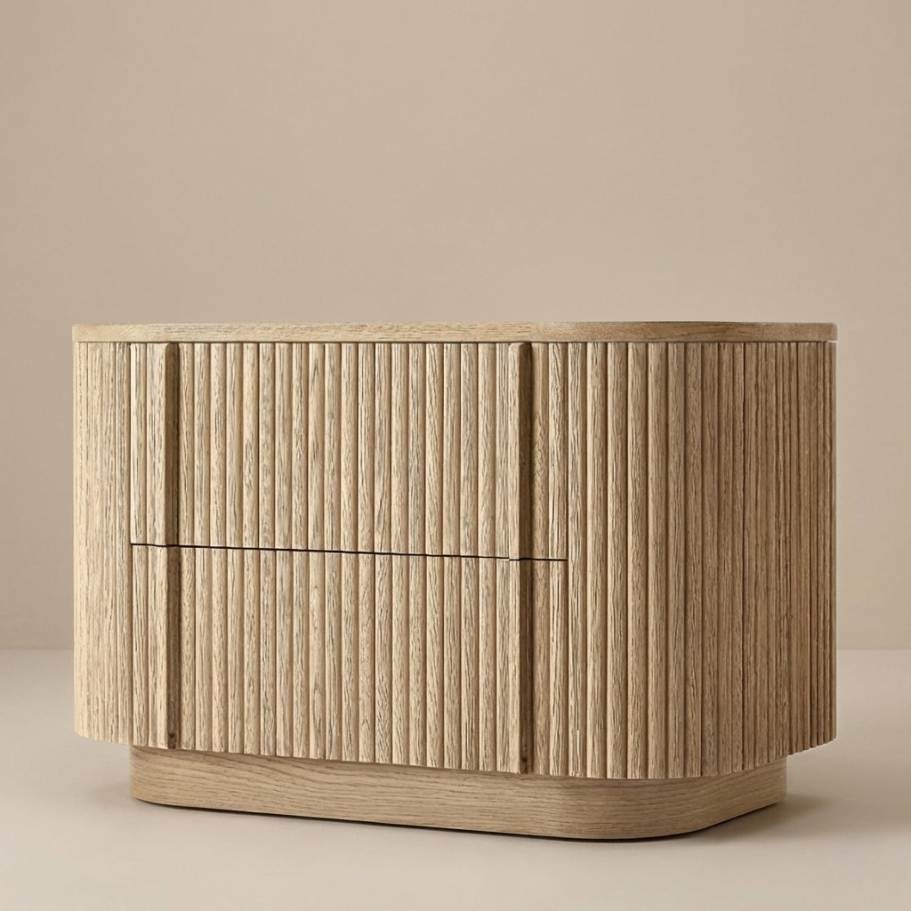 Elias Oak Night Stand with fluted drawer front shown in a clean beige studio setting