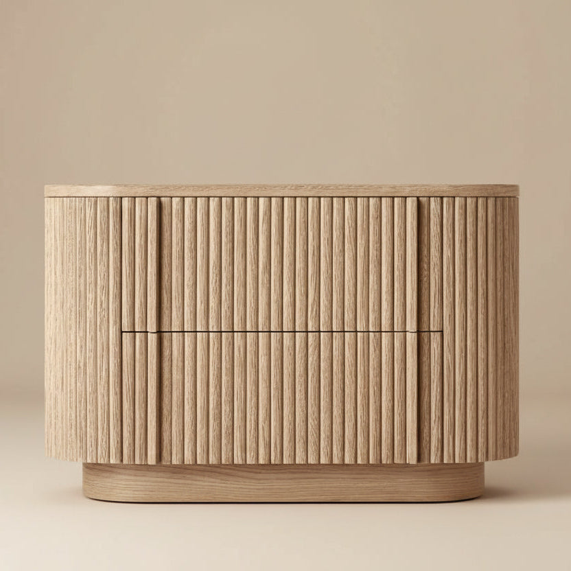 Elias Oak Night Stand with fluted wood detailing, shown front view against a clean beige studio background