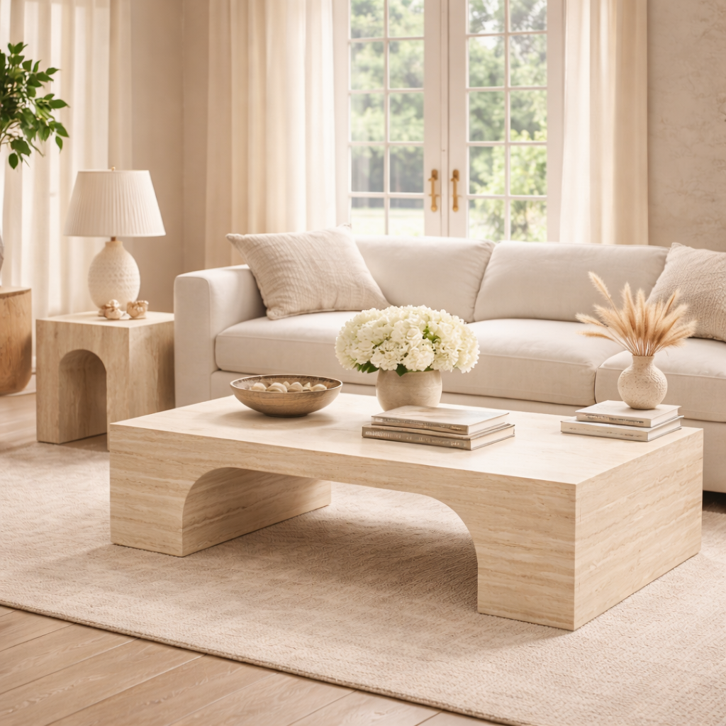 Modern living room with beige sofa, coffee table, and decorative items.
