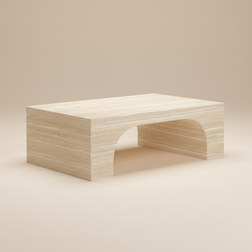 Rectangular Elio Travertine Coffee Table featuring a modern arch base and smooth beige stone-look finish