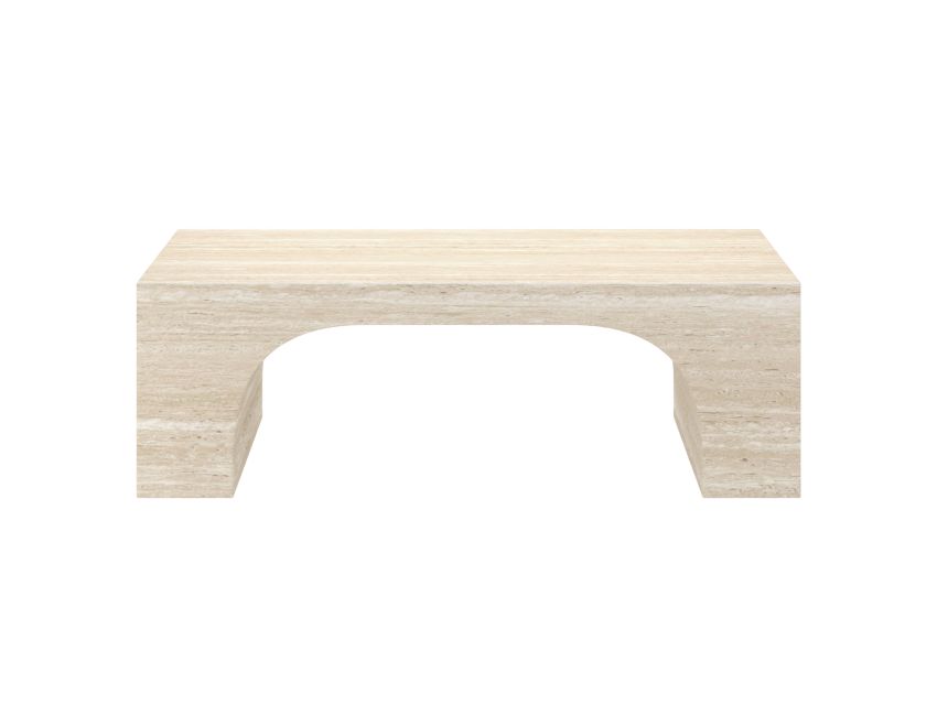 Front view of the Elio travertine coffee table with sculptural arched base
